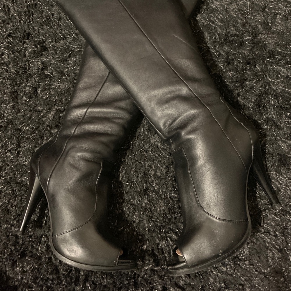 Black over the knee sexy peep-toe boots